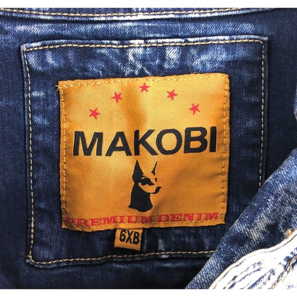 Makobi Mens 6XB Acid Wash Blue Denim Jean Track Jacket Distressed Faded Stripes - Picture 7 of 12